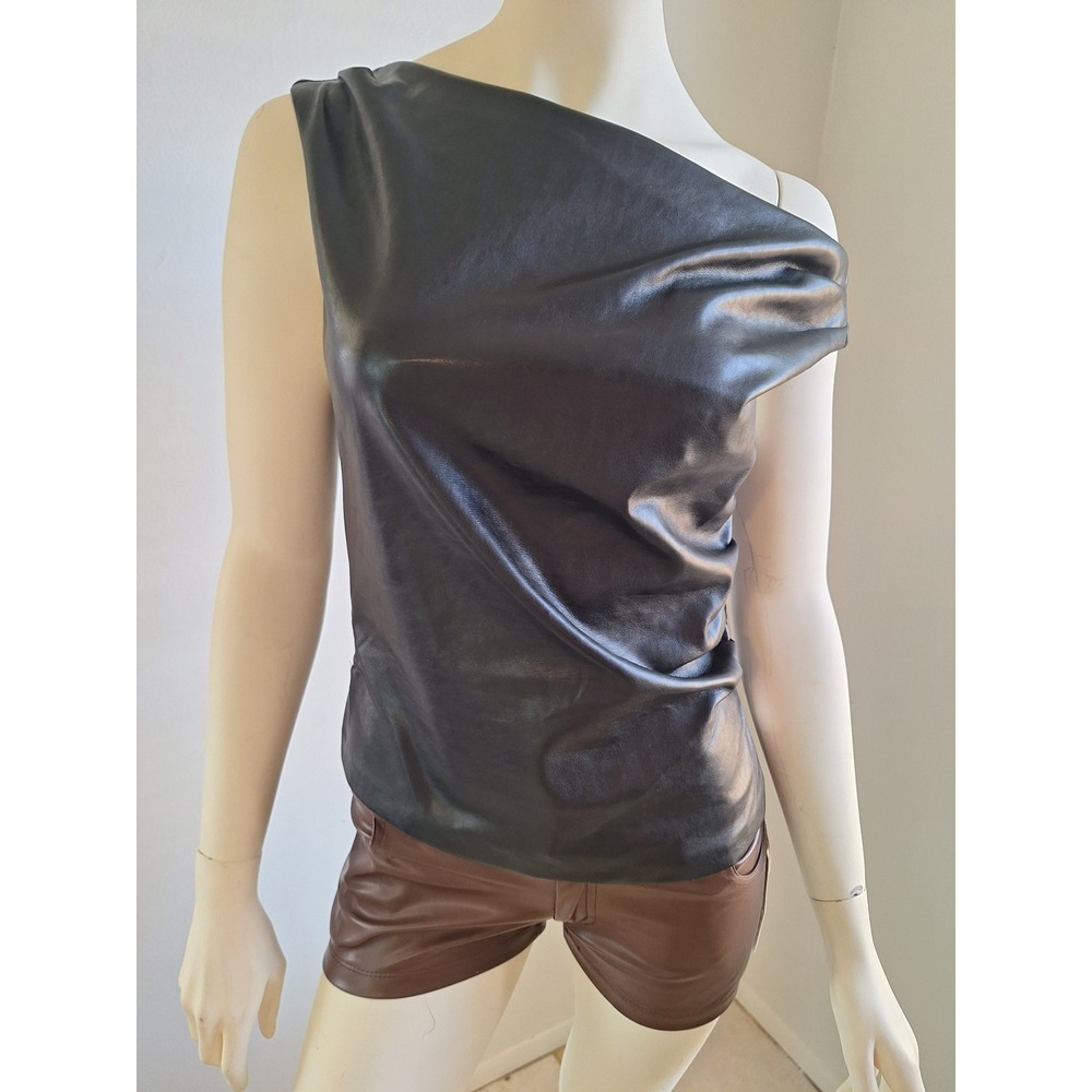 BLENCA‎ Black Faux Leather One Shoulder Asymmetrical Draped Top Size L